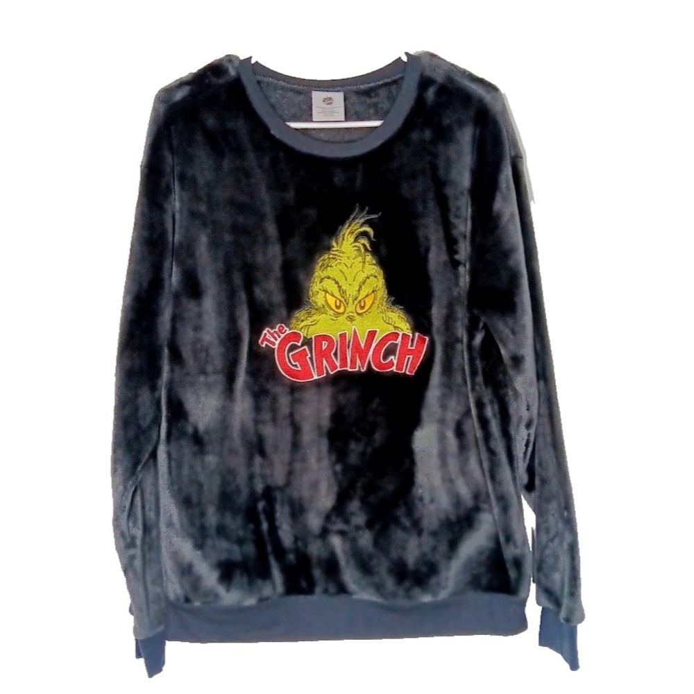 Dr. Seuss The Grinch embroidered L round neck velvet sweatshirt for women black